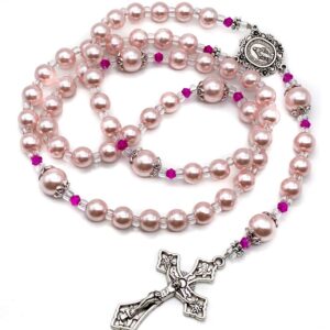 Nazareth Store Pink Pearl Beads Womens Rosary Handcrafted Beaded Necklace with Miraculous Medal and Jesus Cross