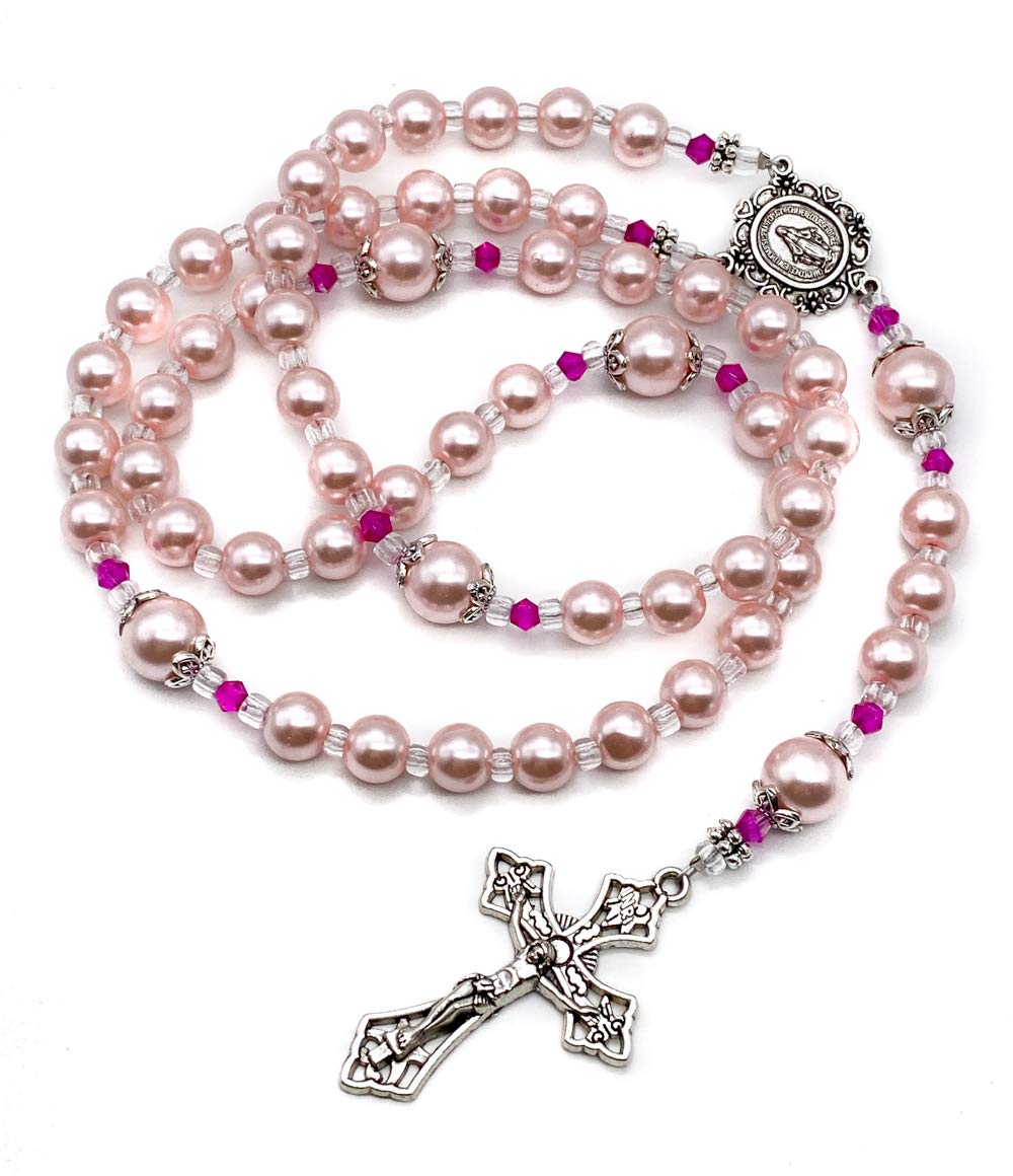 Nazareth Store Pink Pearl Beads Womens Rosary Handcrafted Beaded Necklace with Miraculous Medal and Jesus Cross