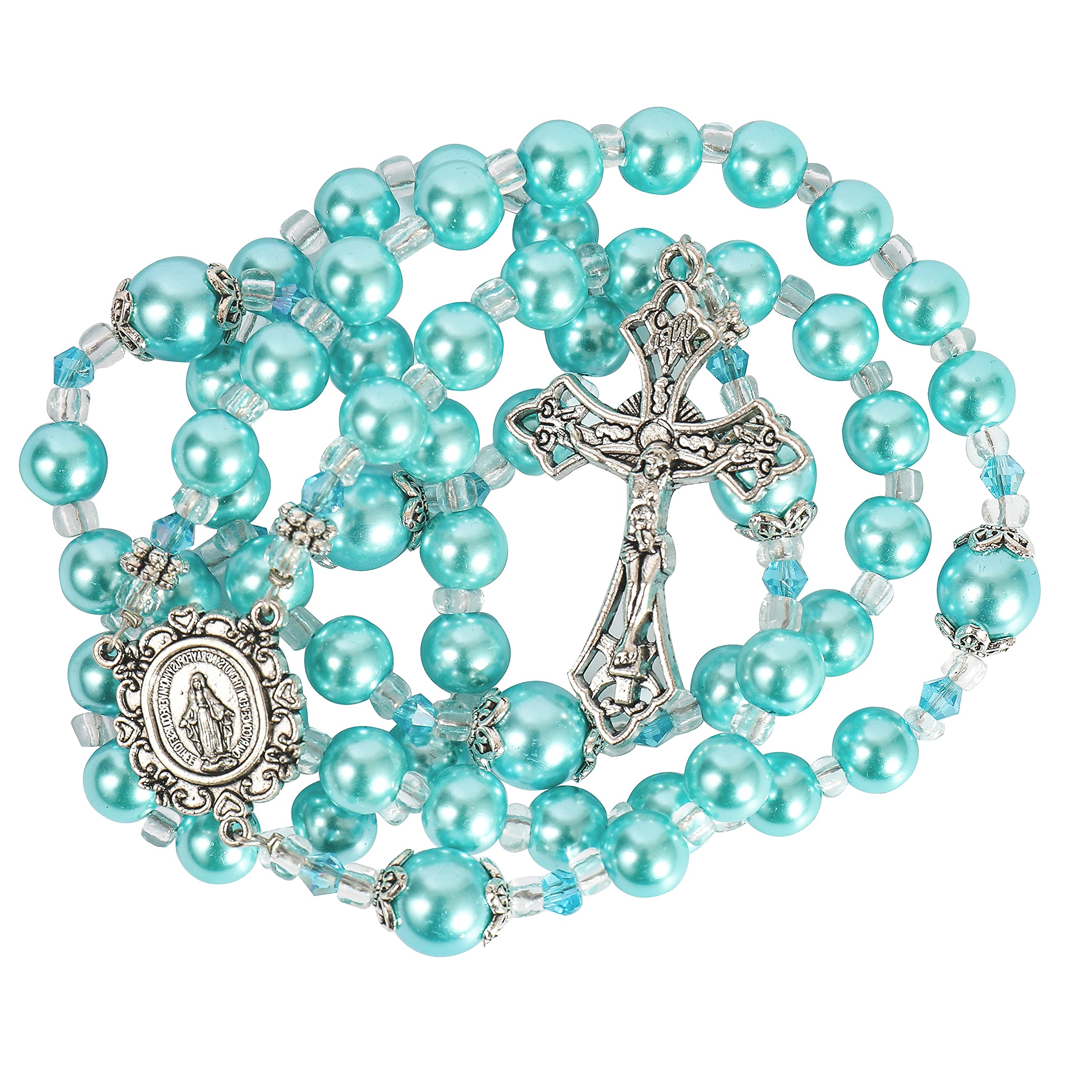 Nazareth Store Blue Pearl Beads Womens Rosary Handcrafted Beaded Necklace with Miraculous Medal and Jesus Cross