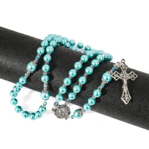 Nazareth Store Blue Pearl Beads Womens Rosary Handcrafted Beaded Necklace with Miraculous Medal and Jesus Cross