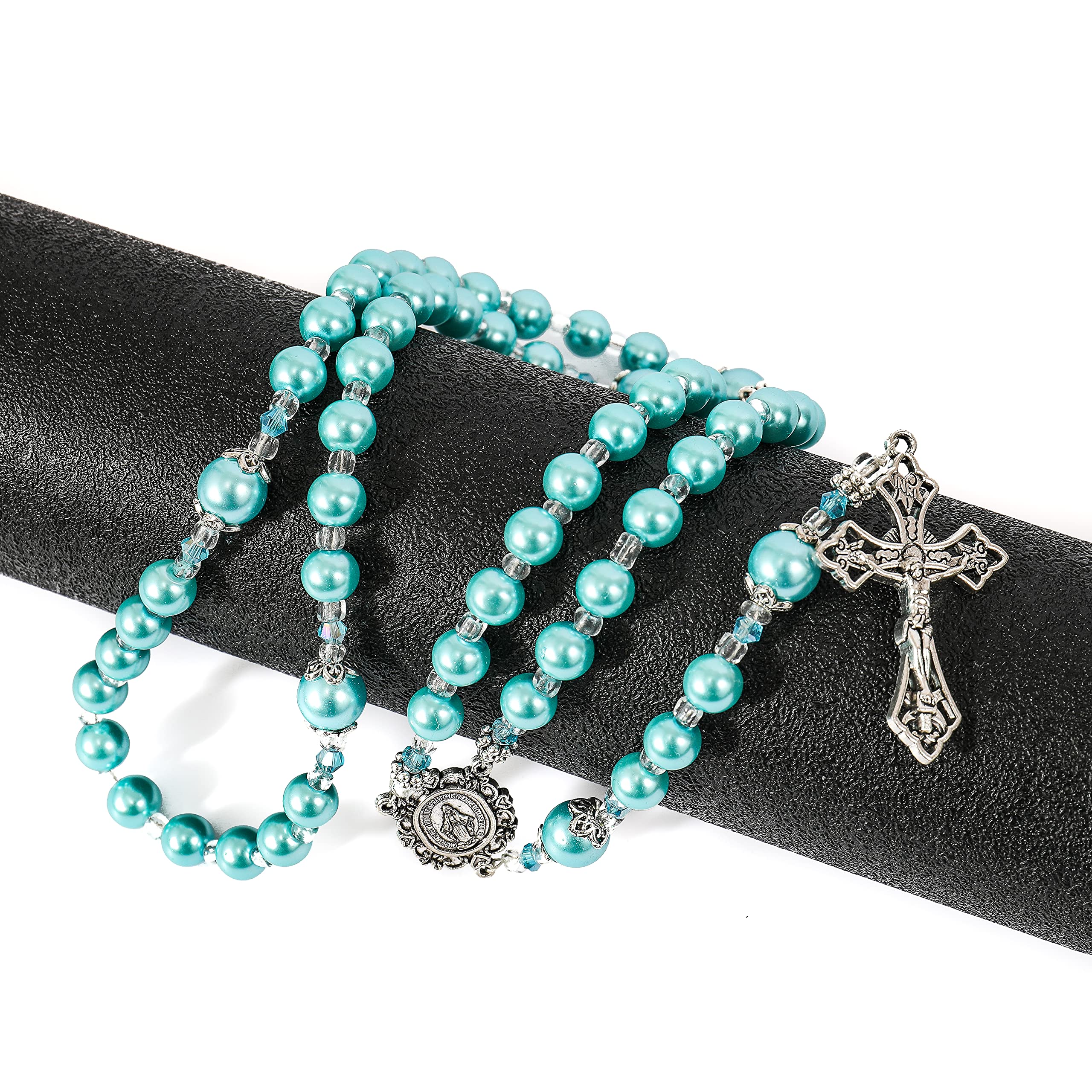 Nazareth Store Blue Pearl Beads Womens Rosary Handcrafted Beaded Necklace with Miraculous Medal and Jesus Cross