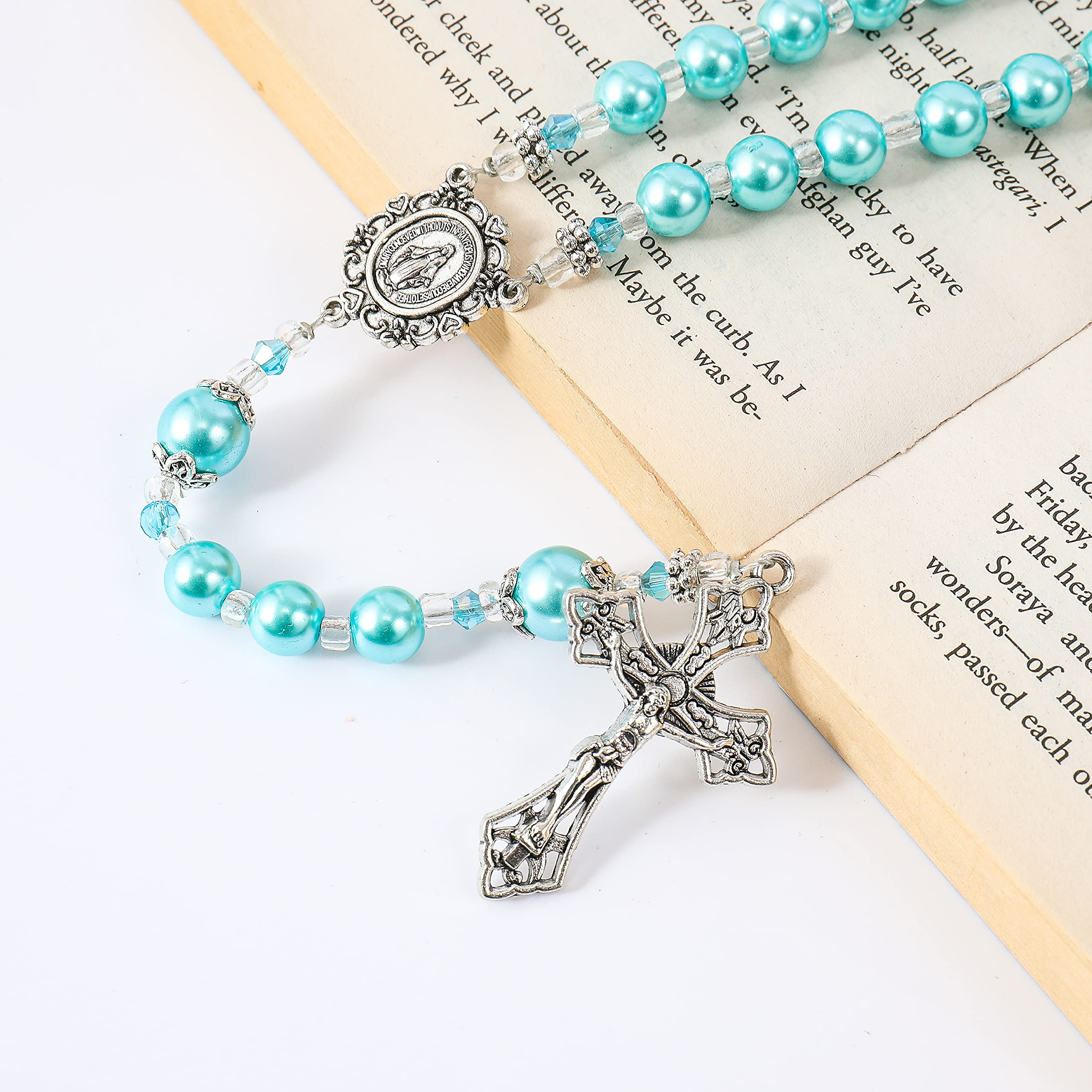 Nazareth Store Blue Pearl Beads Womens Rosary Handcrafted Beaded Necklace with Miraculous Medal and Jesus Cross