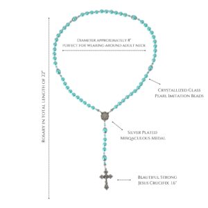 Nazareth Store Blue Pearl Beads Womens Rosary Handcrafted Beaded Necklace with Miraculous Medal and Jesus Cross