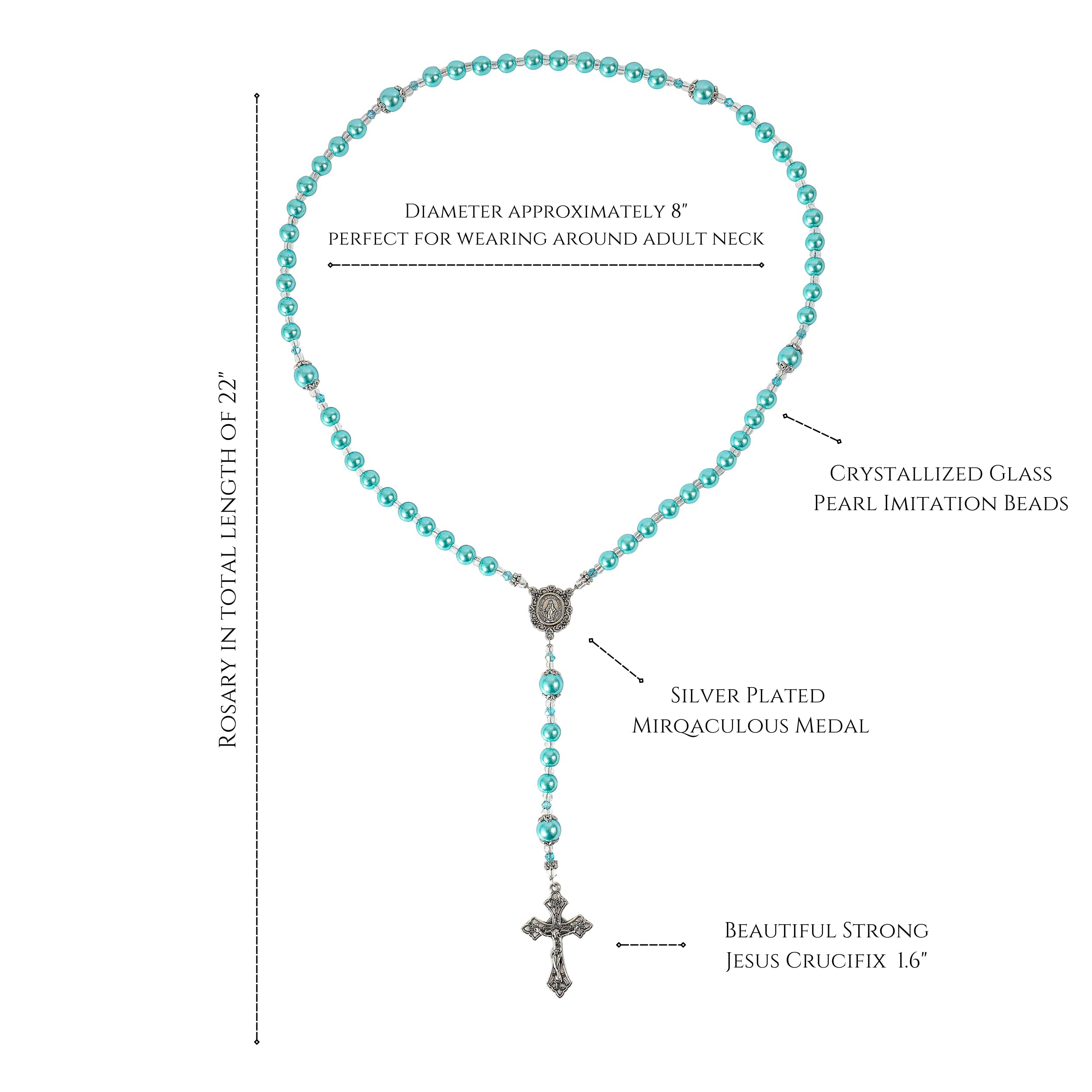 Nazareth Store Blue Pearl Beads Womens Rosary Handcrafted Beaded Necklace with Miraculous Medal and Jesus Cross