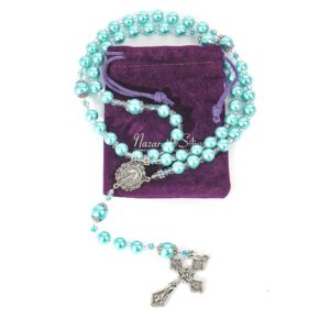 Nazareth Store Blue Pearl Beads Womens Rosary Handcrafted Beaded Necklace with Miraculous Medal and Jesus Cross