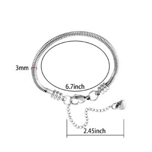 KunBead Heart Lobster Clasp Snake Chain Charm Adjustable Bracelets Compatible with Pandora Charms for Jewelry Making-6.7''