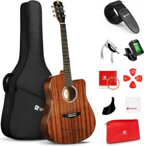 acoustic guitar, cutaway acoustic guitar dreadnought full size 41 inch acustica guitarra bundle with gig bag for beginners adults teens professionals, glossy sapele, by vangoa