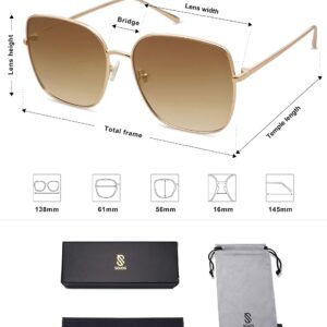 SOJOS Trendy Oversized Square Sunglasses for Women Men Flat Mirrored Lens UV Protection SJ1146 with Bright Gold Metal Frame/Brown Grading Lens