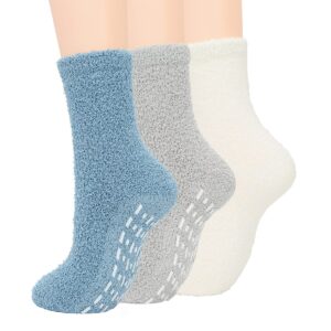 Century Star Anti Slip Athletic Plush Slipper Grip Soft Socks Women Yoga Pilates Soft Warm Cozy Socks For Christmas B 3 Pairs Blue/Gray/White One Size