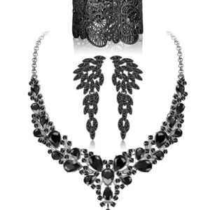 JOERICA Black Crystal Bridal Wedding Jewelry Set for Women Black Rhinestone Necklace Bracelet Earrings Set Bridal Jewelry Set for Wedding