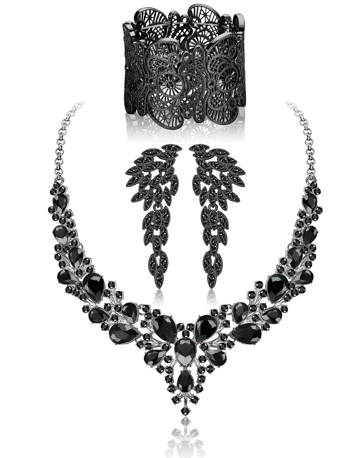 JOERICA Black Crystal Bridal Wedding Jewelry Set for Women Black Rhinestone Necklace Bracelet Earrings Set Bridal Jewelry Set for Wedding