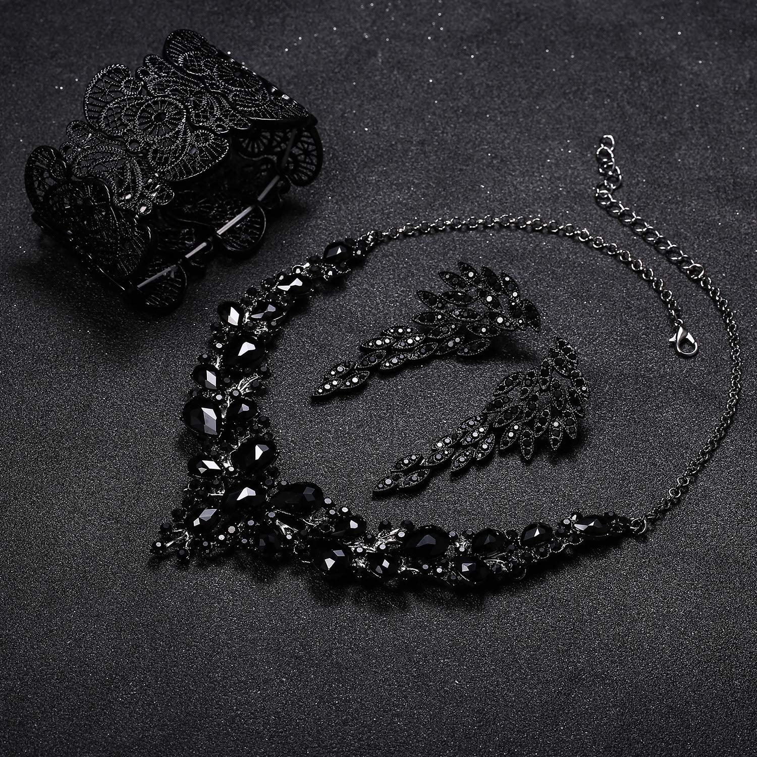 JOERICA Black Crystal Bridal Wedding Jewelry Set for Women Black Rhinestone Necklace Bracelet Earrings Set Bridal Jewelry Set for Wedding