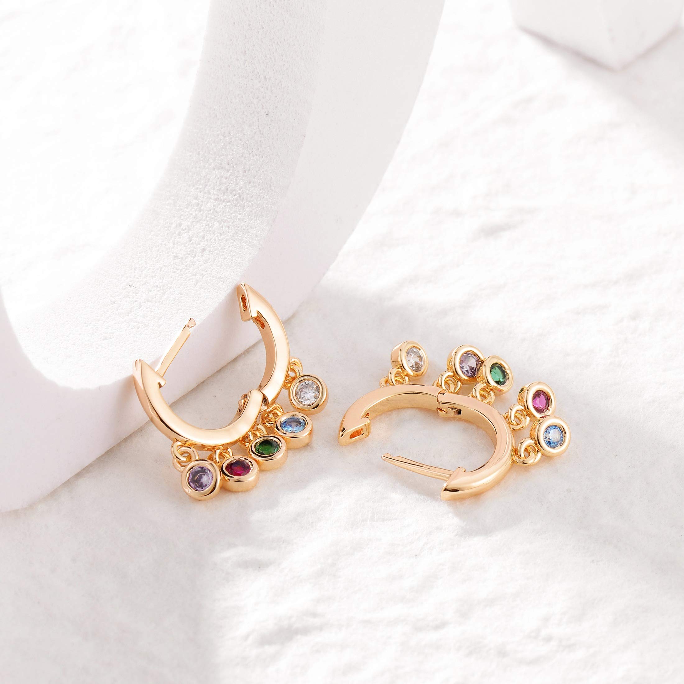 Mevecco Gold Colorful CZ Tassel Huggie Hoop Earrings 18K Gold Plated Dainty Small Multicolor CZ Tassel Dangle Drop Huggy Sleeper Earrings for Women for Her