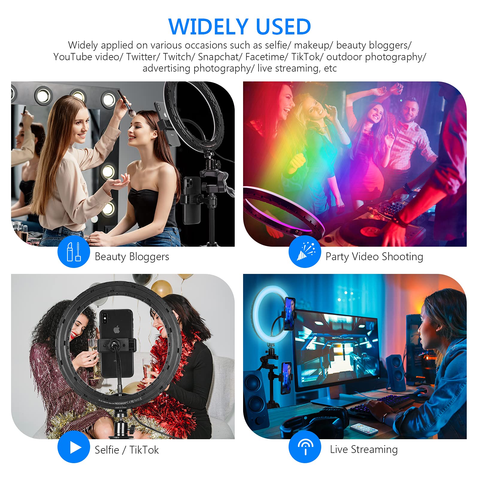 NEEWER 10" RGB Ring Light with Tripod Stand & 2 Phone Holders, Dimmable Selfie Ring Light with 29 Colors Modes for Makeup/Live Streaming/YouTube/Tiktok/Video Shooting, RGB10-H