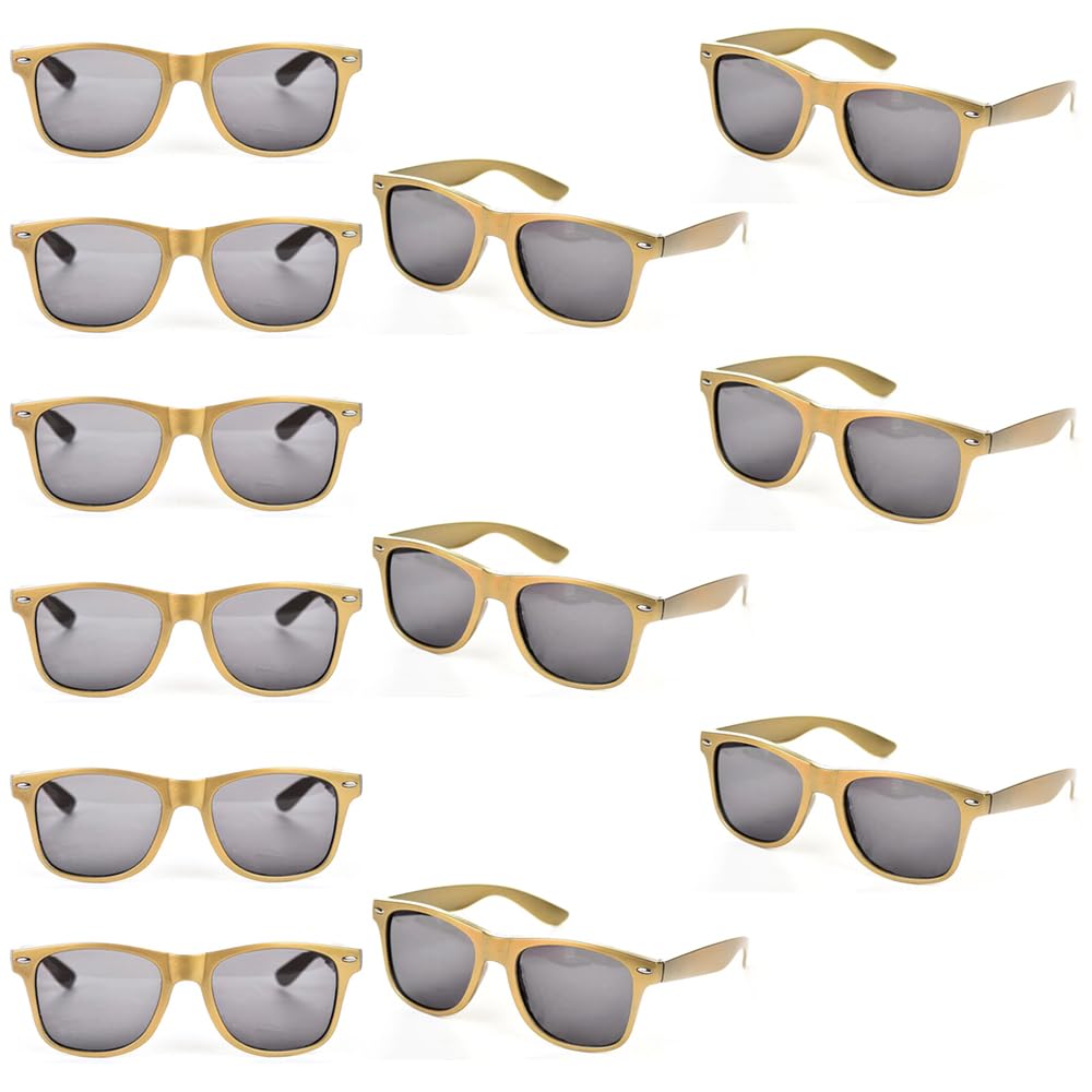 JYZOBJHB 12 Pcs Wholesale Neon Color Party Sunglasses 80’s Retro Sunglass Bulk For Kids Adults 100％ UV Protection (12 gold)