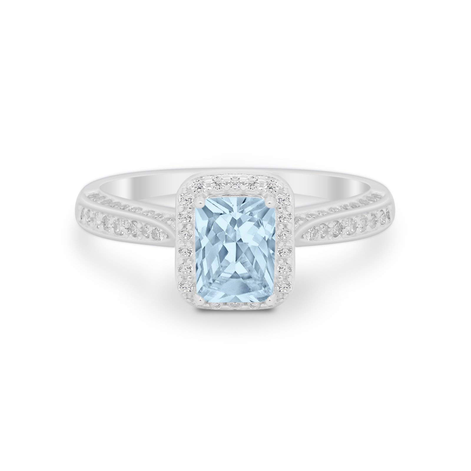 Blue Apple Co. Simulated Aquamarine Cubic Zirconia Size-10 Art Deco Vintage Emerald Cut Wedding Engagement Ring Round Simulated Cubic Zirconia 925 Sterling Silver