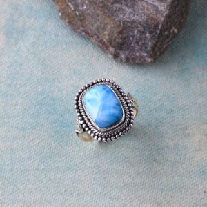 YoTreasure Natural Larimar Solid 925 Sterling Silver Ring Jewelry