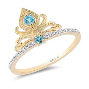 jewelili enchanted disney fine jewelry 14k yellow gold over sterling silver round swiss blue topaz and 1/10 cttw natural white round diamond jasmine ring, size 7