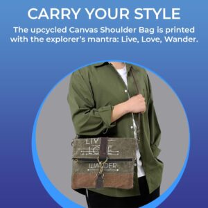 SAGEFINDS Live Love Wander Upcycled Canvas Crossbody Bag | Earth Friendly Materials | Shoulder Purse | Small Clutch | Fold-Over Zip Top | 22” Detachable Strap