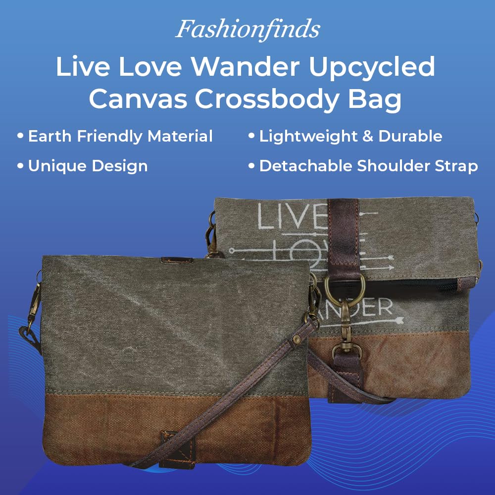 SAGEFINDS Live Love Wander Upcycled Canvas Crossbody Bag | Earth Friendly Materials | Shoulder Purse | Small Clutch | Fold-Over Zip Top | 22” Detachable Strap