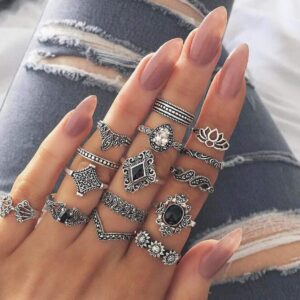 Vinzar Boho Rings Silver Stackable Finger Rings Set Black Onyx Knuckle Joint Midi Ring Jewelry Sunflower Crystal Vintage Hand Accessories for Women