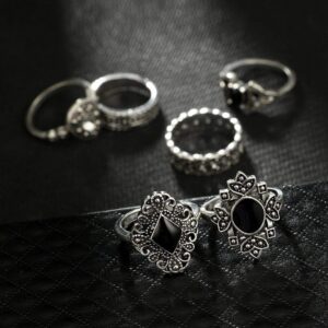 Vinzar Boho Rings Silver Stackable Finger Rings Set Black Onyx Knuckle Joint Midi Ring Jewelry Sunflower Crystal Vintage Hand Accessories for Women