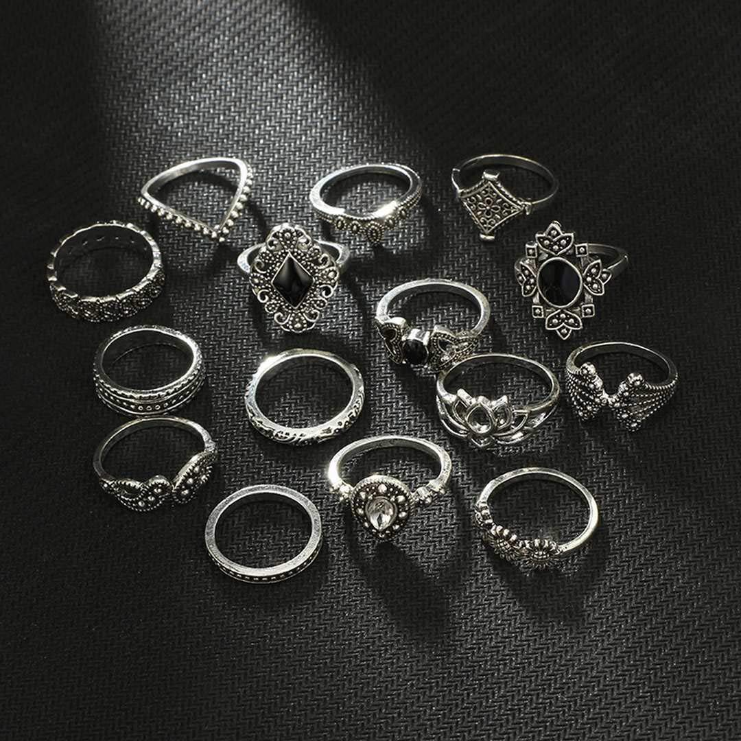 Vinzar Boho Rings Silver Stackable Finger Rings Set Black Onyx Knuckle Joint Midi Ring Jewelry Sunflower Crystal Vintage Hand Accessories for Women