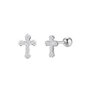 cz cross 20g barbell ball stud sterling silver earrings for women girls cubic zirconia tiny small studs cartilage tragus 4mm bead screw back hypoallergenic thin faux piercing body (silver) 1