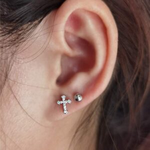 CZ Cross 20g Barbell Ball Stud Sterling Silver Earrings for Women Girls Cubic Zirconia Tiny Small Studs Cartilage Tragus 4mm Bead Screw Back Hypoallergenic Thin Faux Piercing Body (Silver) 1