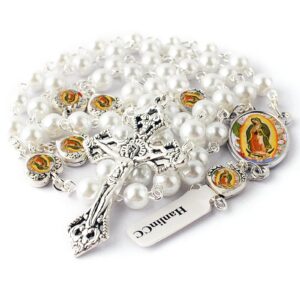 HanlinCC Glass Pearl Beads Our Lady of Guadalupe Epoxy Heart Metal Beads Rosary Necklace pack in Velvet Bag with Pray Card (White)