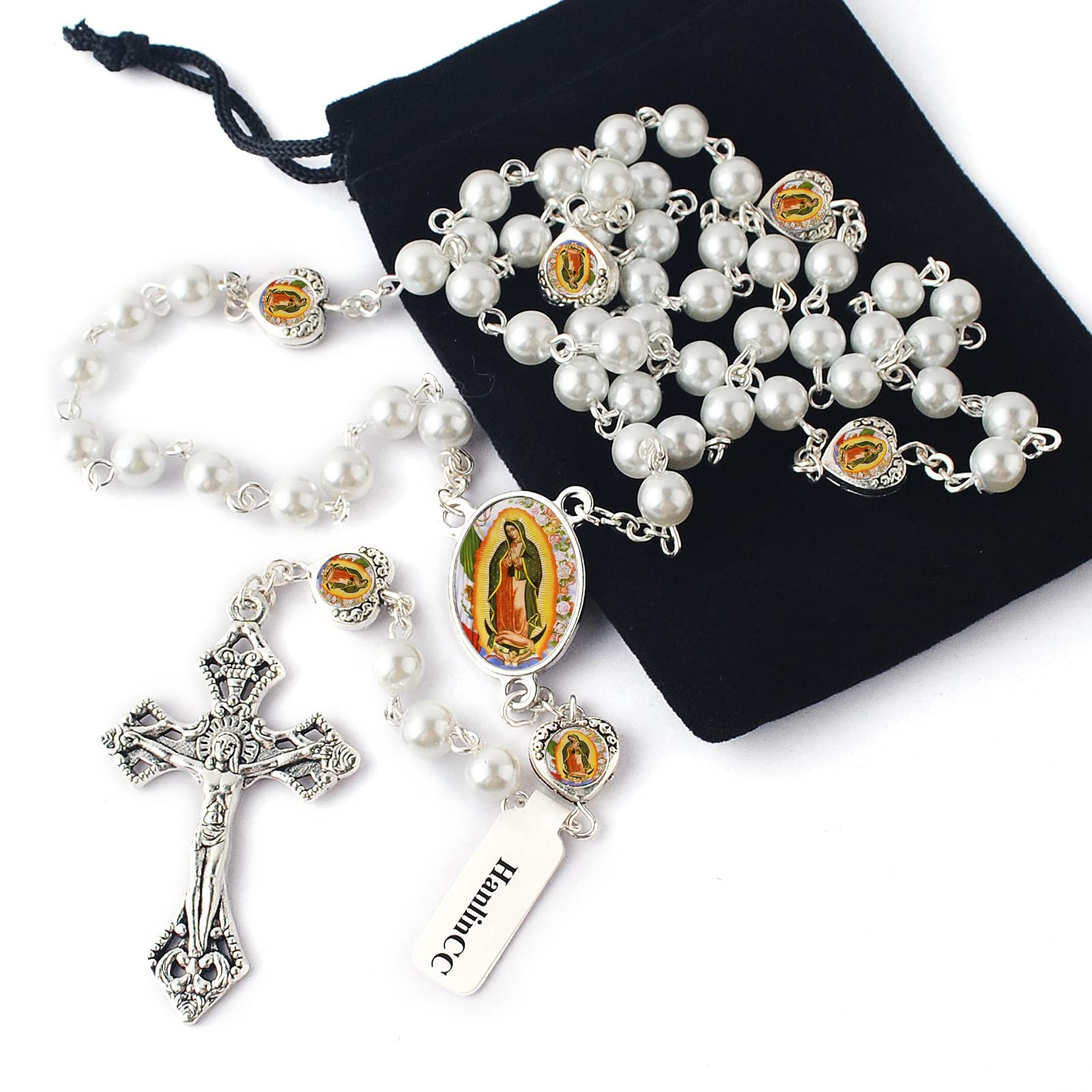 HanlinCC Glass Pearl Beads Our Lady of Guadalupe Epoxy Heart Metal Beads Rosary Necklace pack in Velvet Bag with Pray Card (White)