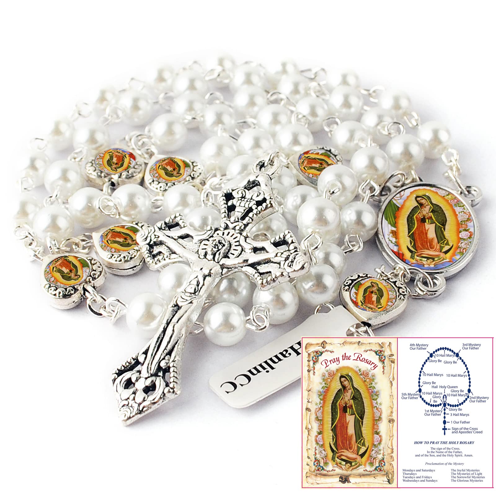 HanlinCC Glass Pearl Beads Our Lady of Guadalupe Epoxy Heart Metal Beads Rosary Necklace pack in Velvet Bag with Pray Card (White)