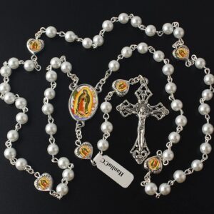 HanlinCC Glass Pearl Beads Our Lady of Guadalupe Epoxy Heart Metal Beads Rosary Necklace pack in Velvet Bag with Pray Card (White)