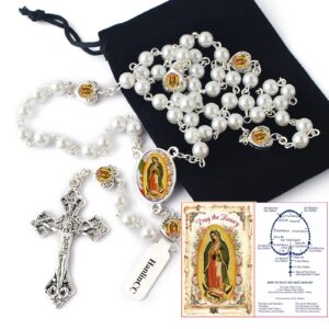 HanlinCC Glass Pearl Beads Our Lady of Guadalupe Epoxy Heart Metal Beads Rosary Necklace pack in Velvet Bag with Pray Card (White)