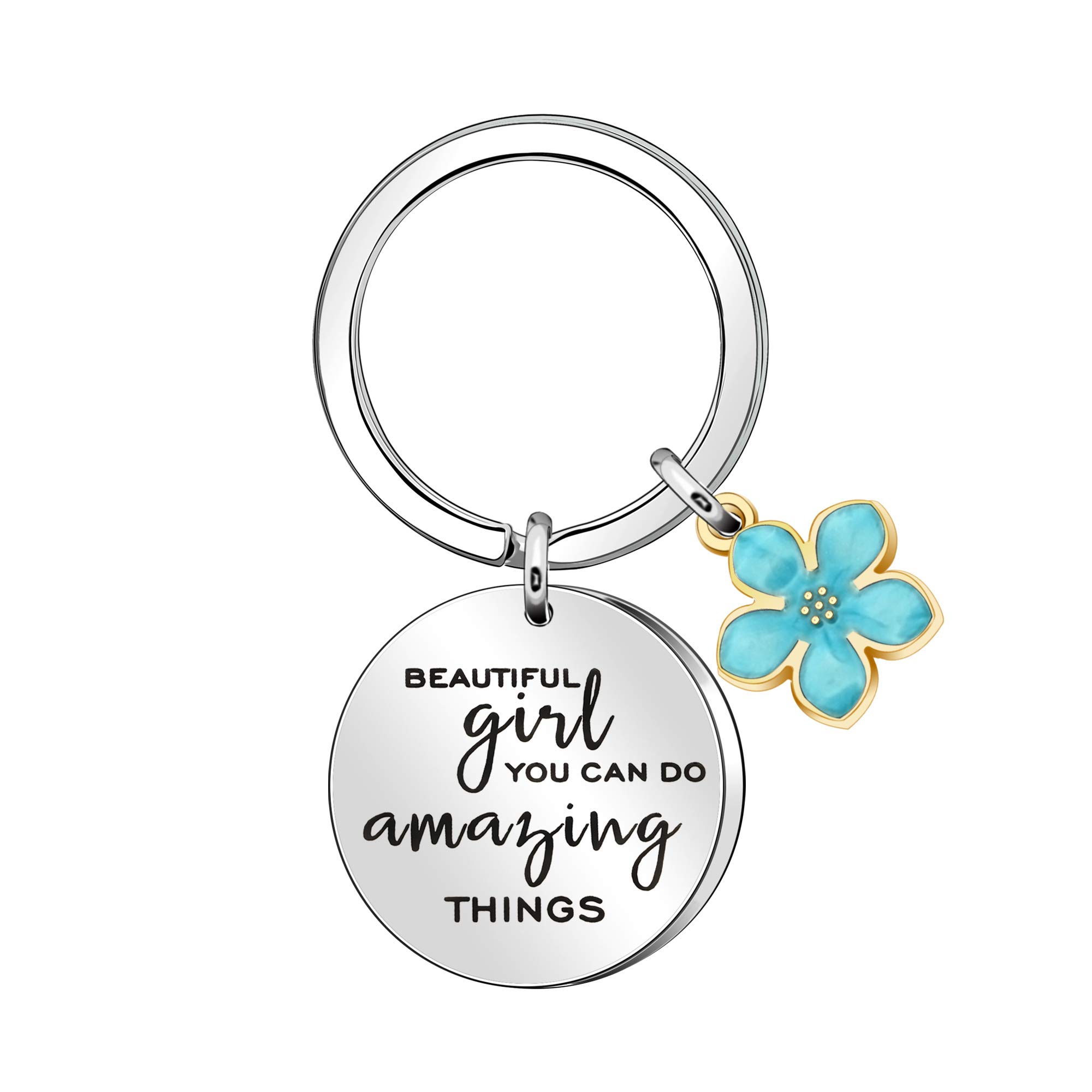 "Beautiful Girl You Can Do Amazing Things" Inspirational Keychain Keyring Birthday Graduation Christmas Gifts for Girl Women (Silver)