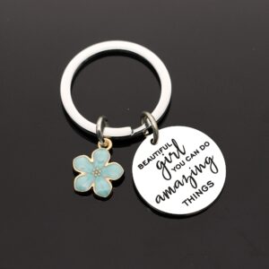 "Beautiful Girl You Can Do Amazing Things" Inspirational Keychain Keyring Birthday Graduation Christmas Gifts for Girl Women (Silver)