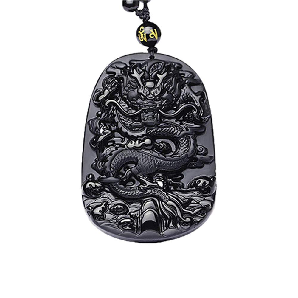 KIOMOY Natural obsidian brave pendant, safe clasp, dragon and phoenix necklace, carved stone Chinese dragon stele, unicorn Kylin pendant (Dragon)