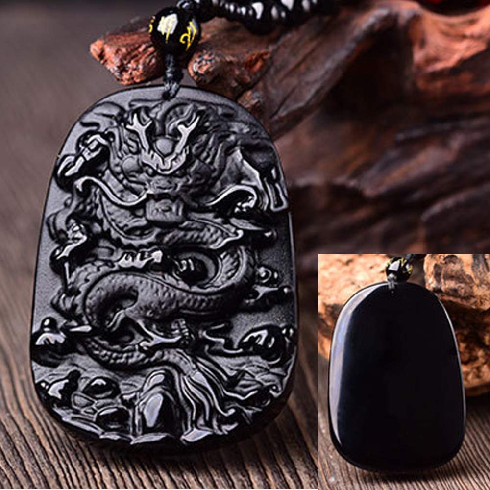 KIOMOY Natural obsidian brave pendant, safe clasp, dragon and phoenix necklace, carved stone Chinese dragon stele, unicorn Kylin pendant (Dragon)