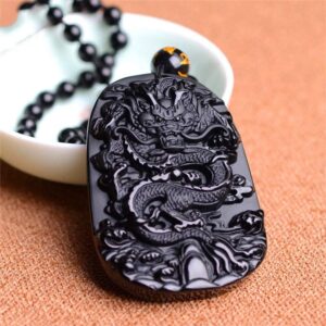 KIOMOY Natural obsidian brave pendant, safe clasp, dragon and phoenix necklace, carved stone Chinese dragon stele, unicorn Kylin pendant (Dragon)