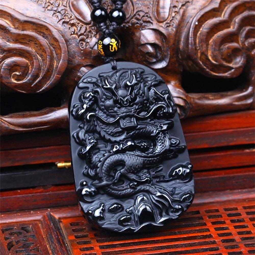 KIOMOY Natural obsidian brave pendant, safe clasp, dragon and phoenix necklace, carved stone Chinese dragon stele, unicorn Kylin pendant (Dragon)