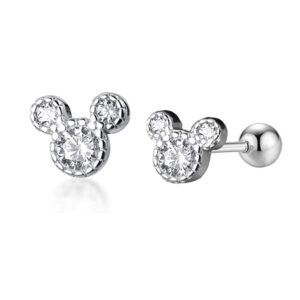 Tiny Cute Mouse Stud Sterling Silver Earrings for Women Girls Gold Plated Cubic Zirconia Mini Small 20g Barbell Ball Studs Cartilage Tragus 4 mm Bead Screw Back Piercing Body Jewelry (Silver)