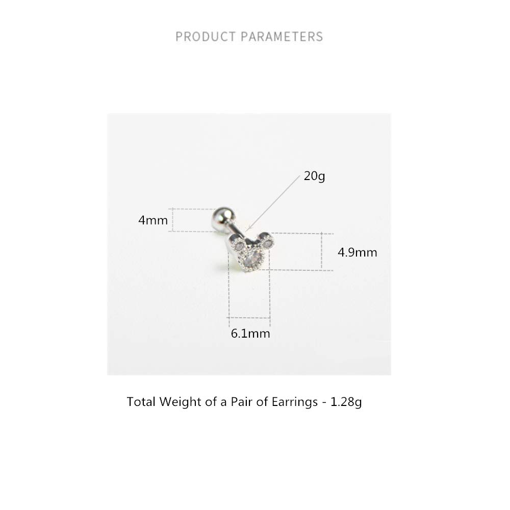 Tiny Cute Mouse Stud Sterling Silver Earrings for Women Girls Gold Plated Cubic Zirconia Mini Small 20g Barbell Ball Studs Cartilage Tragus 4 mm Bead Screw Back Piercing Body Jewelry (Silver)