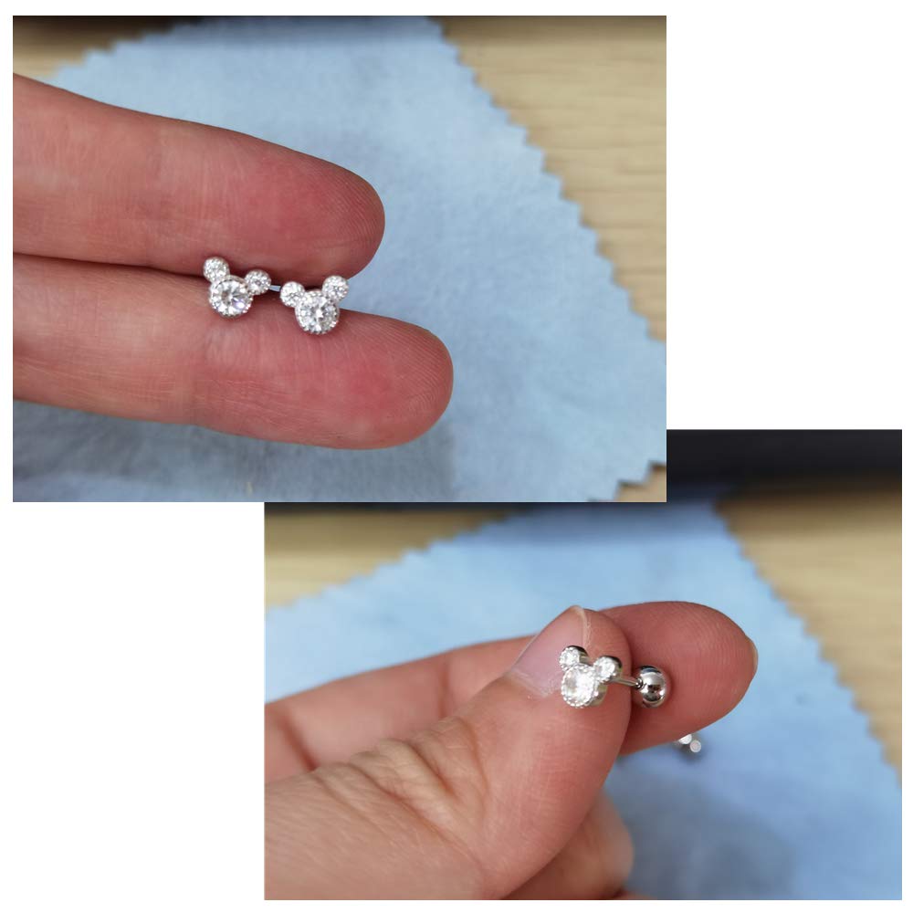 Tiny Cute Mouse Stud Sterling Silver Earrings for Women Girls Gold Plated Cubic Zirconia Mini Small 20g Barbell Ball Studs Cartilage Tragus 4 mm Bead Screw Back Piercing Body Jewelry (Silver)