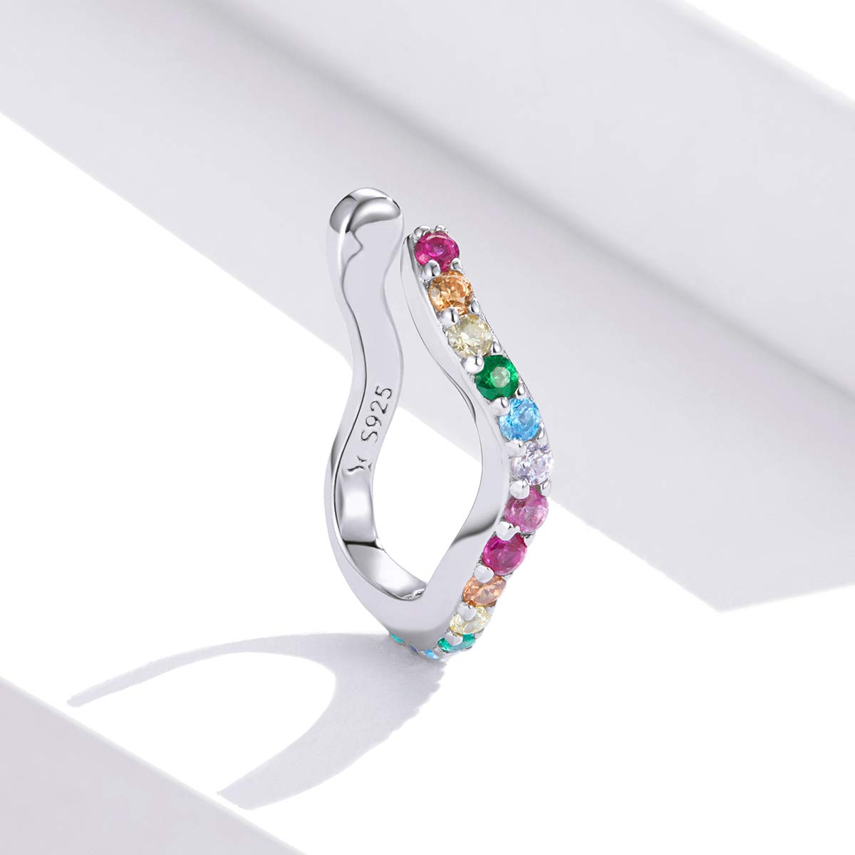 Colorful CZ Wave Ear Cuffs Cartilage Earrings S925 Sterling Silver Rainbow Crystal Rhinestone Non Piercing Clip On Wrap Earring Hypoallergenic Jewelry Gifts for Women