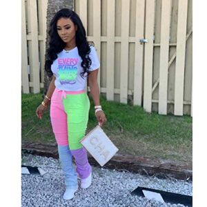 Casual 2 Piece Outfit Sets for Women Color Block Short Sleeve T-Shirts + Stacked Flare Pants Tracksuit Sweatsuit