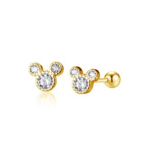 Tiny Cute Mouse Stud Sterling Silver Earrings for Women Girls Gold Plated Cubic Zirconia Mini Small 20g Barbell Ball Studs Cartilage Tragus 4 mm Bead Screw Back Piercing Body Jewelry (Gold)