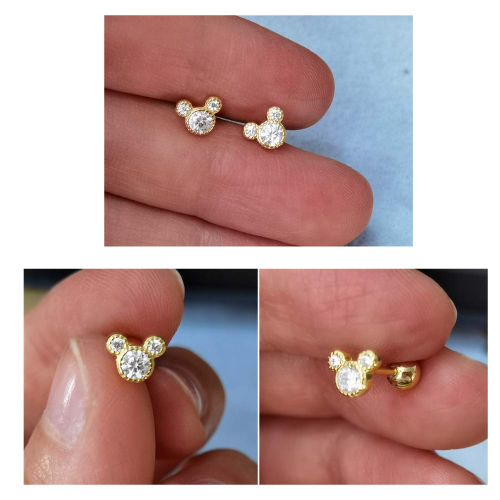 Tiny Cute Mouse Stud Sterling Silver Earrings for Women Girls Gold Plated Cubic Zirconia Mini Small 20g Barbell Ball Studs Cartilage Tragus 4 mm Bead Screw Back Piercing Body Jewelry (Gold)