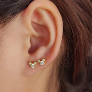 Tiny Cute Mouse Stud Sterling Silver Earrings for Women Girls Gold Plated Cubic Zirconia Mini Small 20g Barbell Ball Studs Cartilage Tragus 4 mm Bead Screw Back Piercing Body Jewelry (Gold)