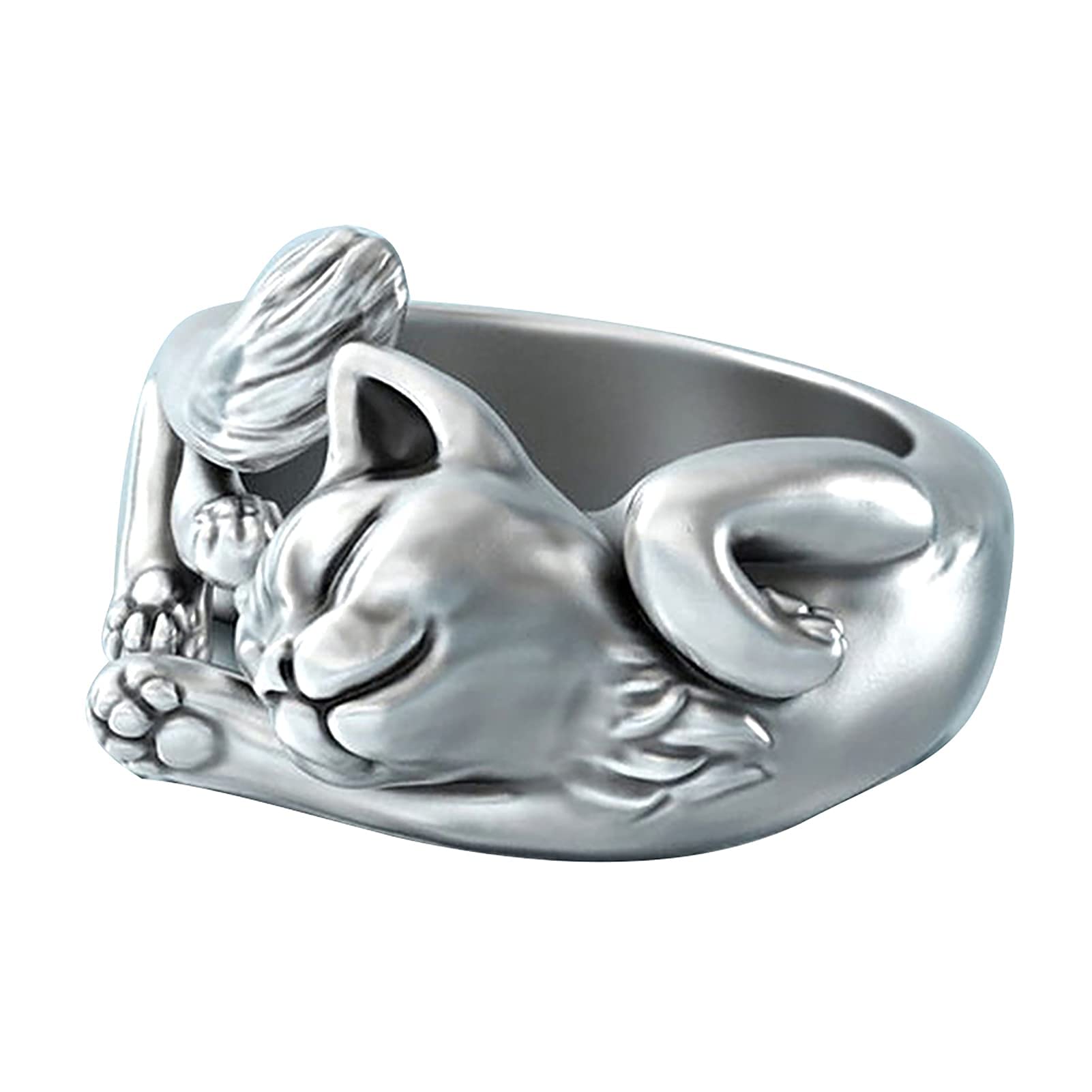 MenglisishiYsRL Exquisite Jewelry Ring Love Rings Vintage Unisex Sleeping Cats Silver Plated Opening Finger Ring Jewelry Gift Wedding Band Best Gifts for Love with Valentine's Day - Silver Black