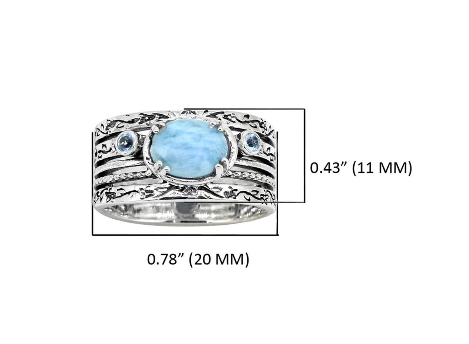 YoTreasure Larimar Swiss Blue Topaz 925 Sterling Silver Antique Three Stone Ring